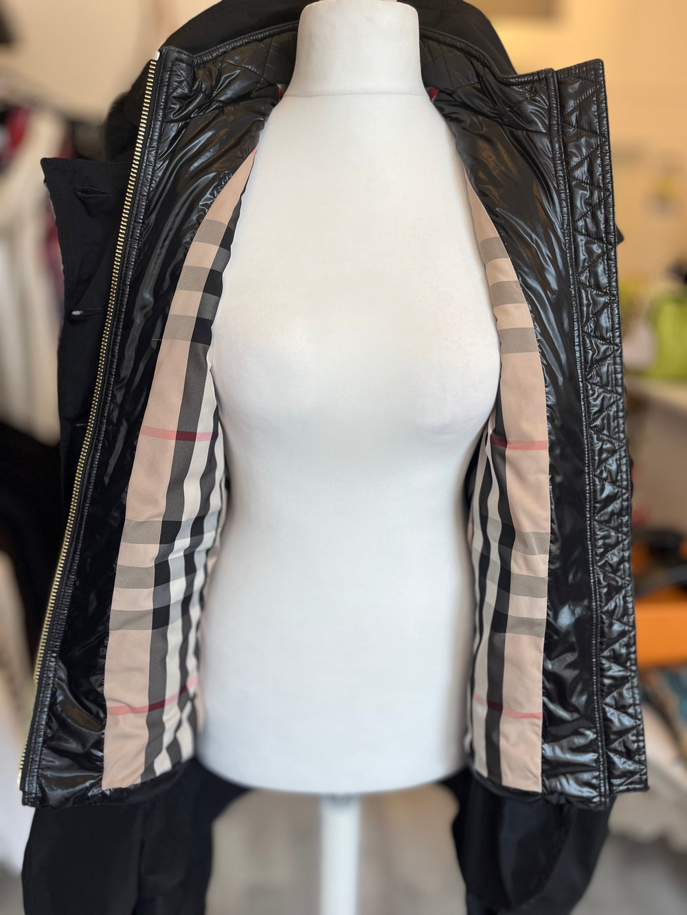 Pre Loved Burberry Black Trench Coat, Fox Fur Trim, Detachable Padded Gilet UK10 (excellent)