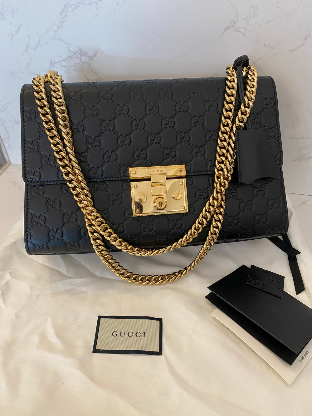 Pre Loved Gucci Guccissima Padlock Shoulder Bag in Black Leather