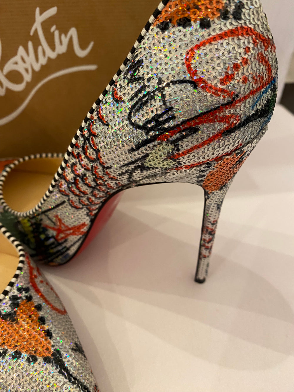 Pre Loved Christian Louboutin Decollete Silver & Multicoloured 100 Heels UK 4.5 (Excellent)