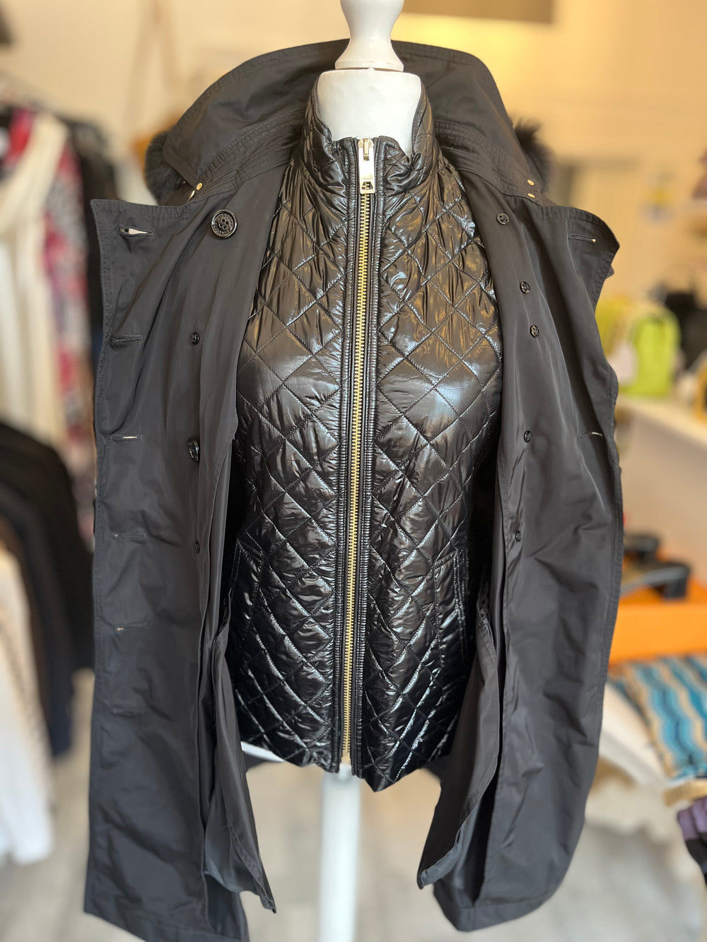 Pre Loved Burberry Black Trench Coat, Fox Fur Trim, Detachable Padded Gilet UK10 (excellent)