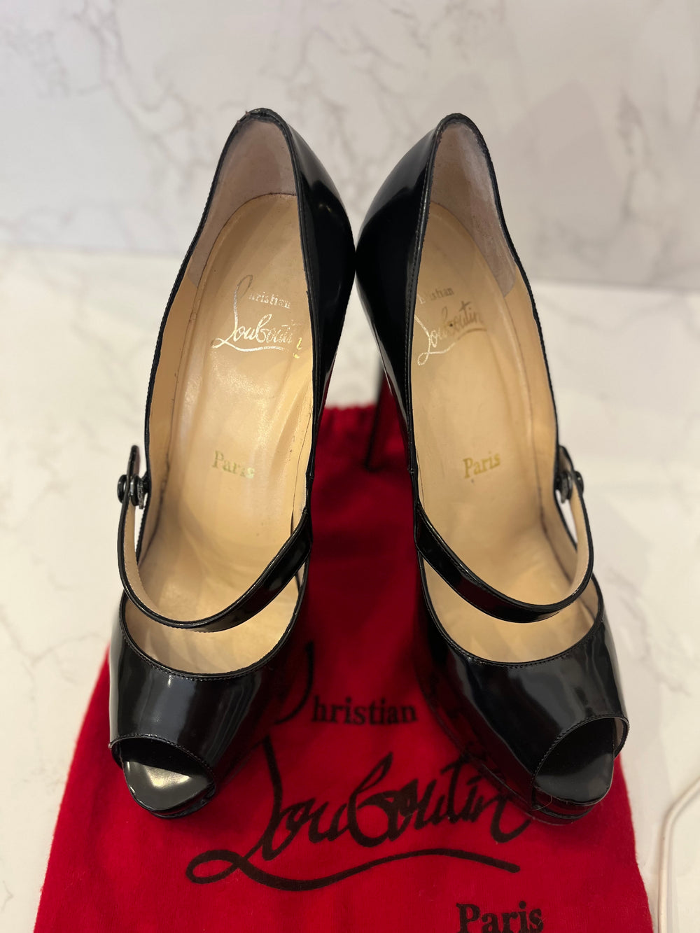 Pre Loved Christian Louboutin 130 Black Patent Peeptoe Mary-Jane Heels Size UK 5.5