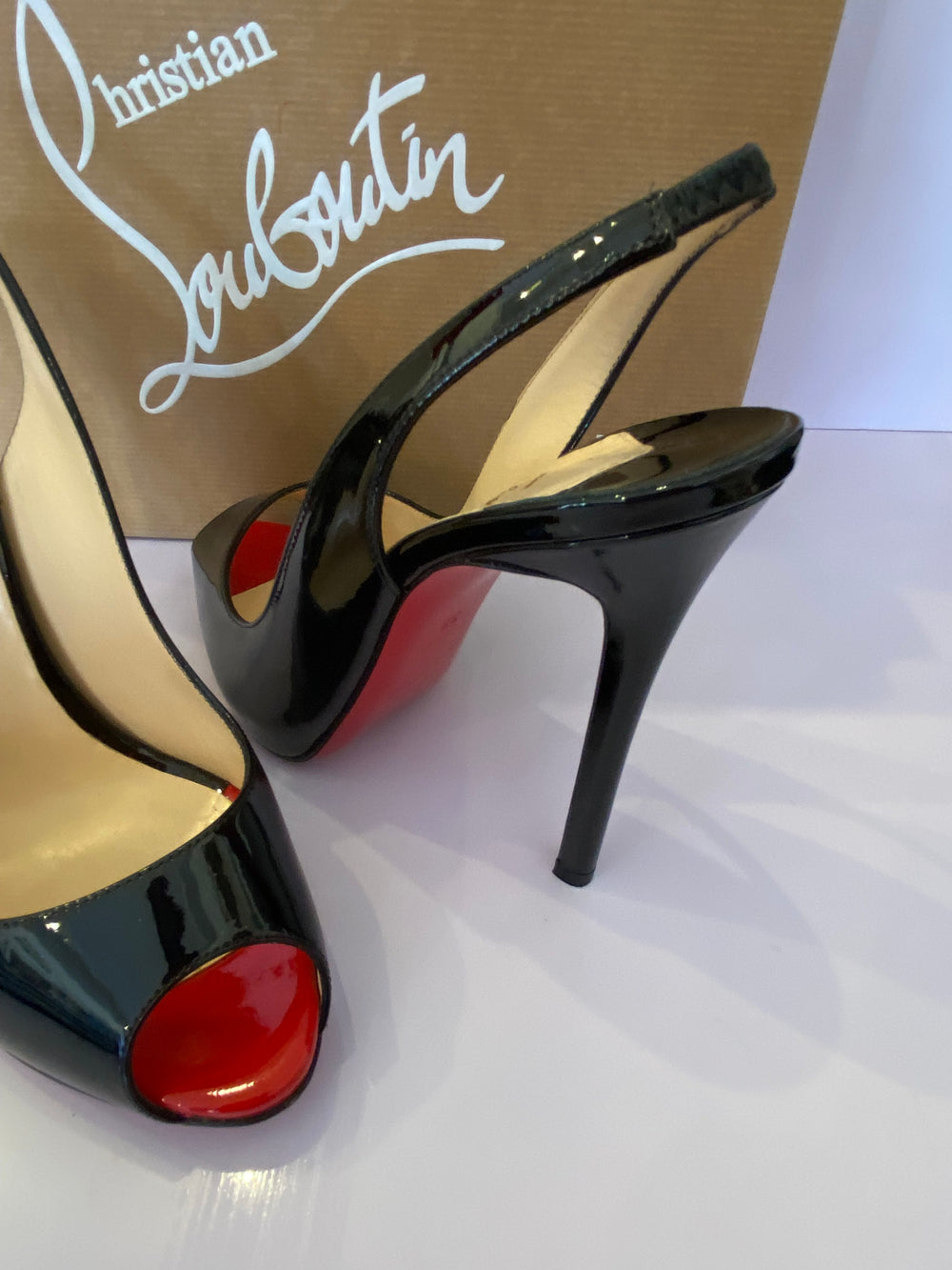 Pre Loved Christian Louboutin Flo Sling 120 Black Patent UK4