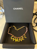 Chanel Collier Dore Gold Tone Necklace with Pink Jewels