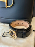 Pre Loved Gucci Black Guccissima leather belt with interlocking G buckle in gold  95cm