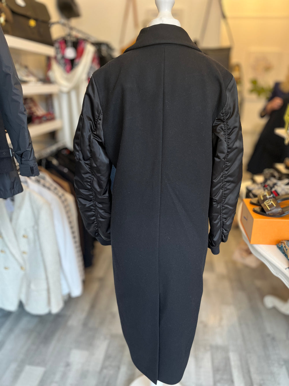Pre Loved All Saints Black Wool Blend Coat Satin Sleeves UK10