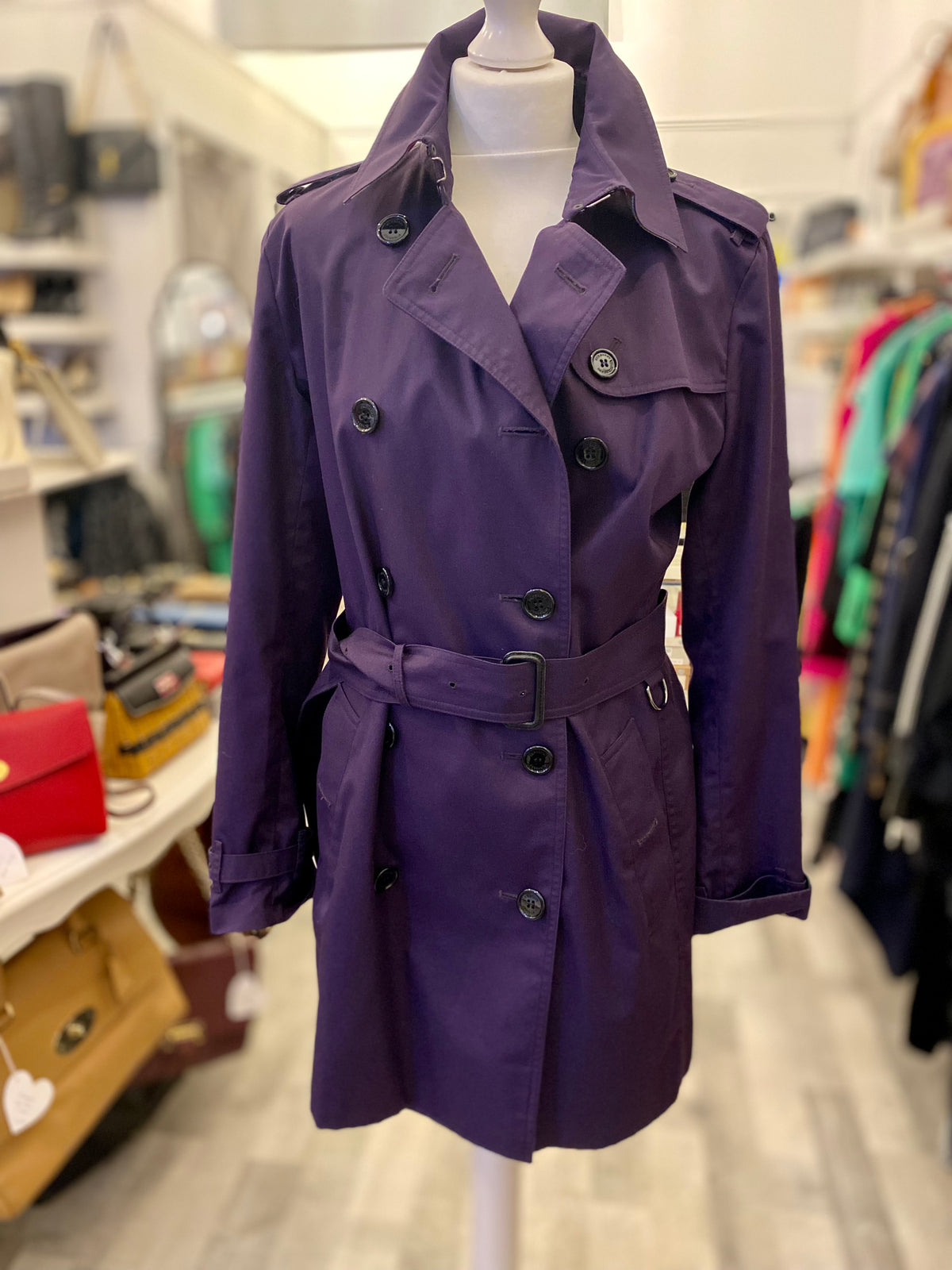 Pre Loved Burberry Purple Short Trench Coat with Nova Check Lining Siz Twice Loved Pre Loved Consignment Fashion