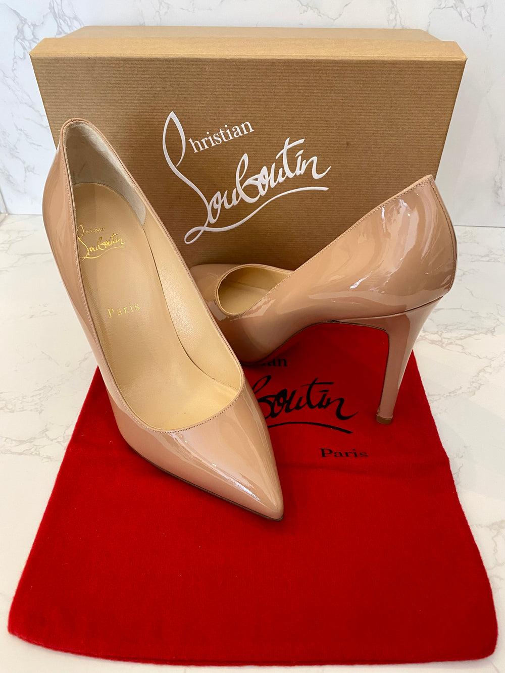 Pre Loved Christian Louboutin Pigalle 100 Nude Patent Heels Size UK 6  (new)