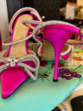 Pre Loved Mach and Mach fuschia satin heels with silver embellishment  size UK 5 (New)