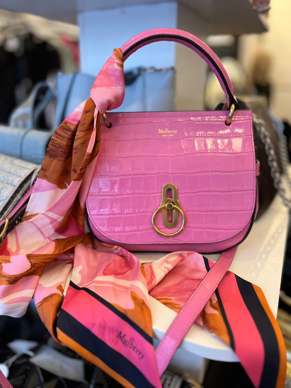 Pre Loved Mulberry Amberley in Pink Embossed Leather & Floral Twilly