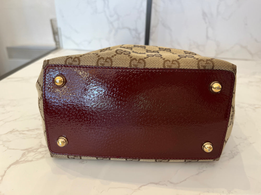 Pre Loved Vintage Gucci Brown Monogram Canvas & Oxblood Patent Leather Bag