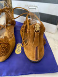 Pre Loved Aquazurra Sunshine Brown Suede Pom Pom Lace up Sandal/ Shoes UK4.5