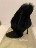 Pre Loved Manolo Blahnik Black Suede & Fur Ankle Boots Size 37 UK 4