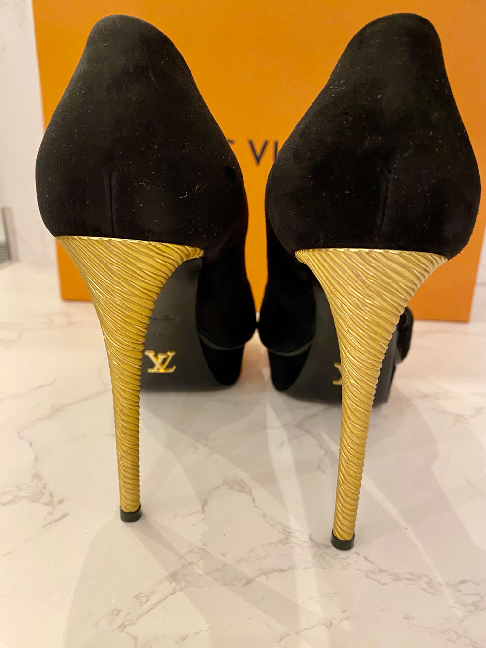 Pre Loved Louis Vuitton Black Suede Peep Toe Heels with Gold Tone Heels UK5