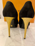 Pre Loved Louis Vuitton Black Suede Peep Toe Heels with Gold Tone Heels UK5