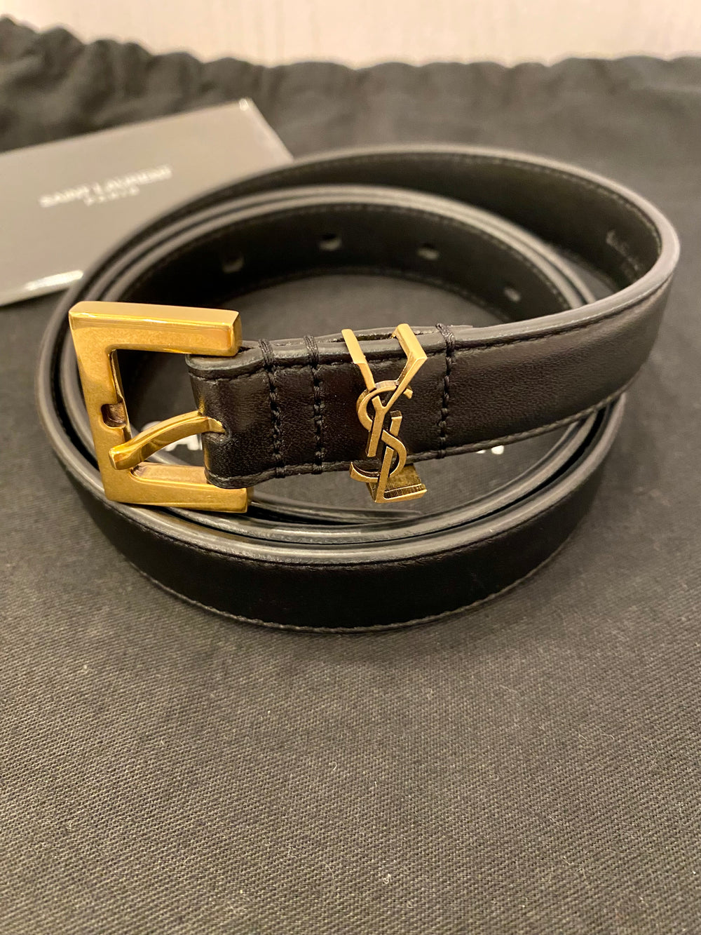 Pre Loved Yves Saint Laurent Cassandra Black Leather Belt Size 85cm