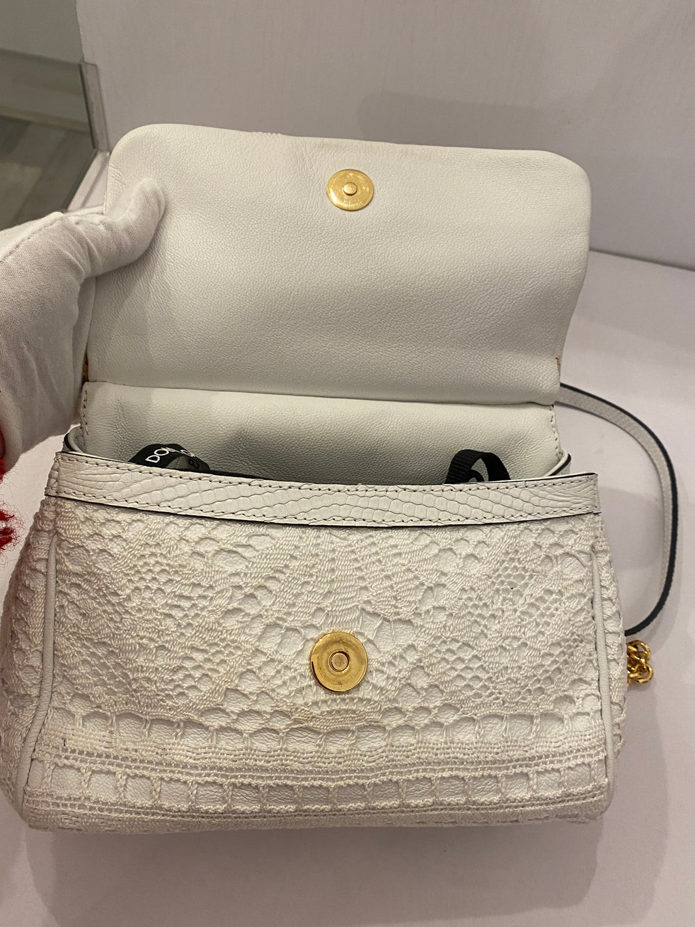 Pre Loved Vintage Dolce & Gabbana White Sicily Leather & Lace Bag