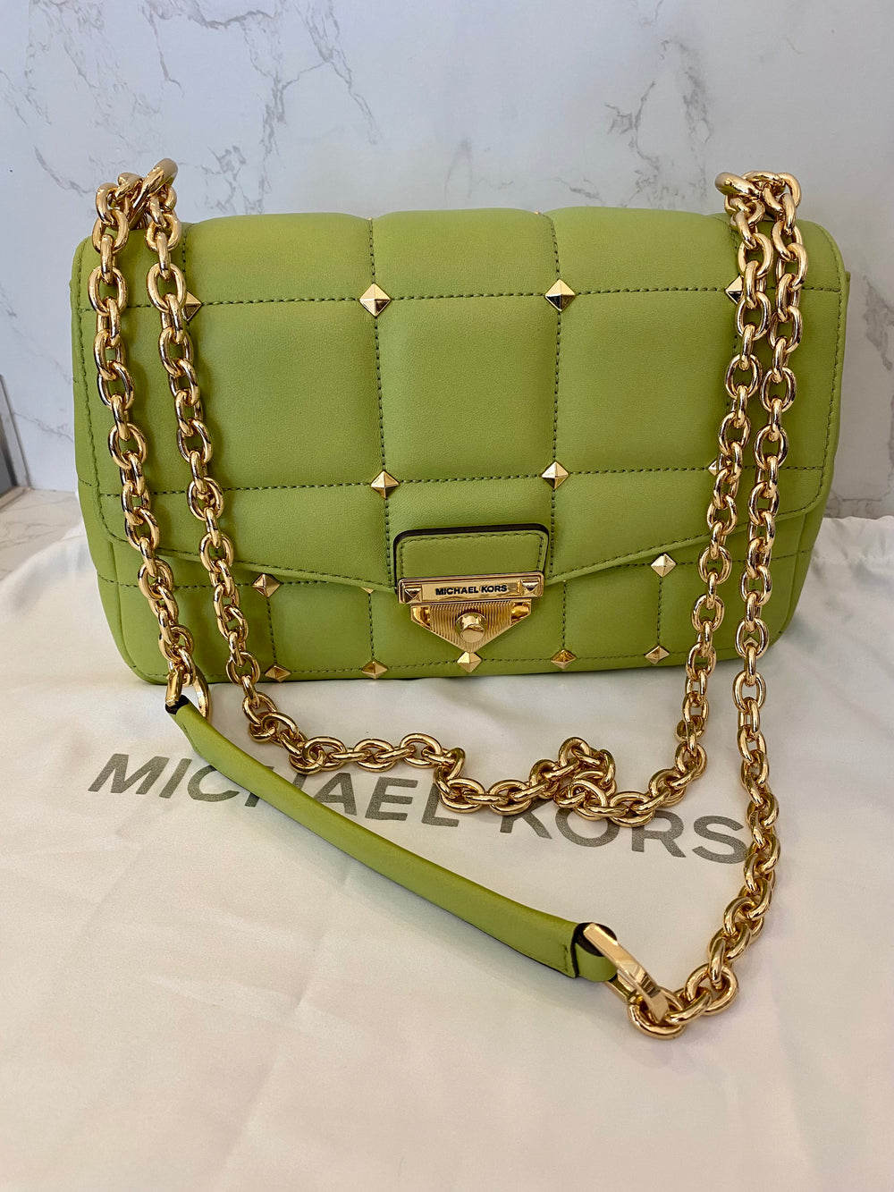 Pre Loved Michael Kors Soho  Studded Handbag in Green Leather (excellent)
