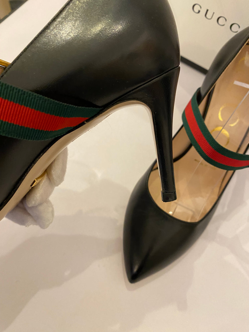 Pre Loved Gucci Sylvie Web Stripe Heels uk3.5