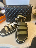 Pre Loved Chanel Black & Gold Striped Leather Sandals with Pearl Embellishment - UK 5.5 (Fit Size 6)