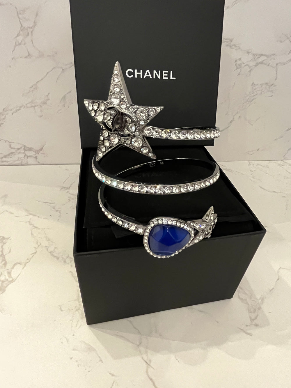 Pre Loved Chanel Ruthenium & Blue Crystal Star Bracelet 2022 collection by Virginie Viard (as new)