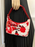 Pre Loved Prada Re-Edition 2000 Embroidered Drill Mini Bag in Red and Cream
