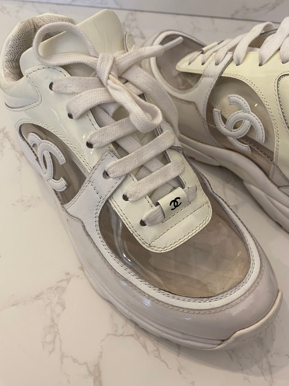 Pre Loved Chanel Off White Patent Leather Trainers UK3.5