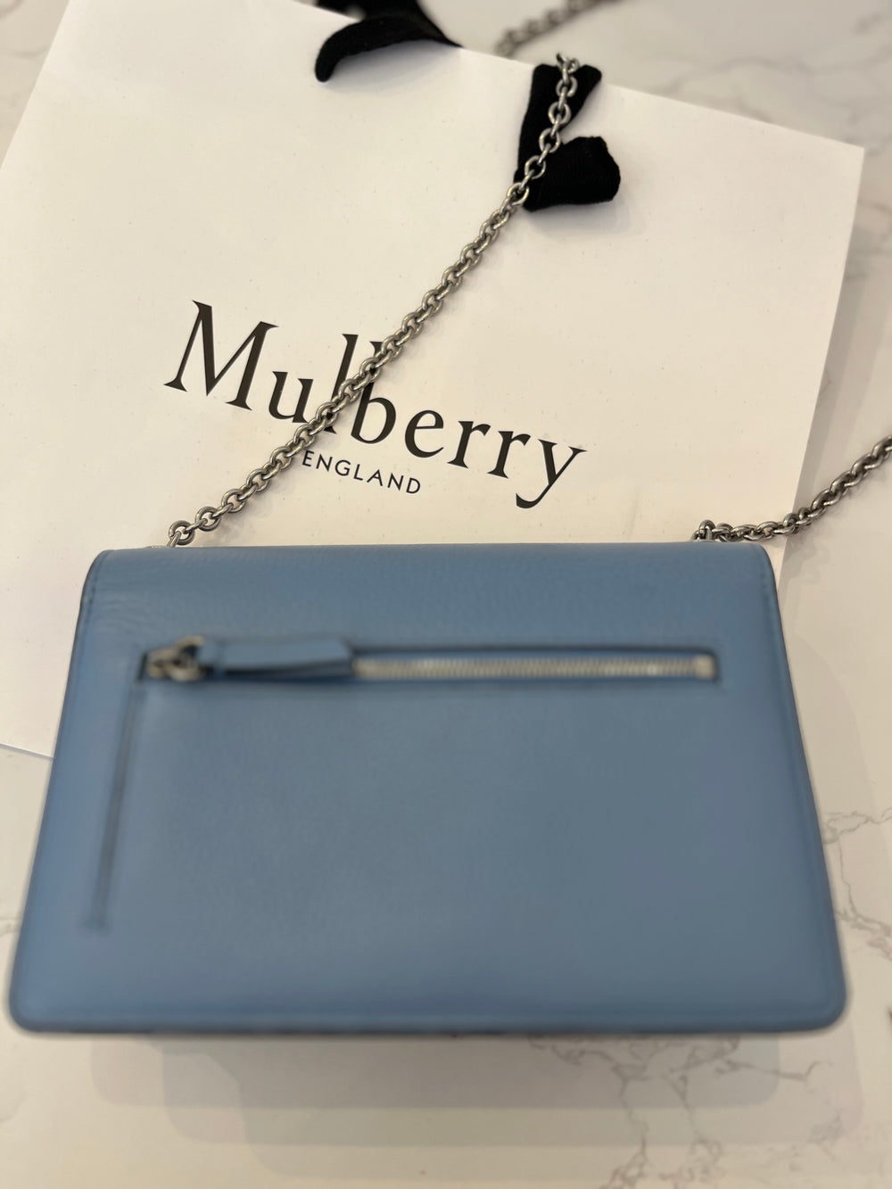 Pre Loved Mulberry Small Darley in Blue Leather on Silver Tone Chain