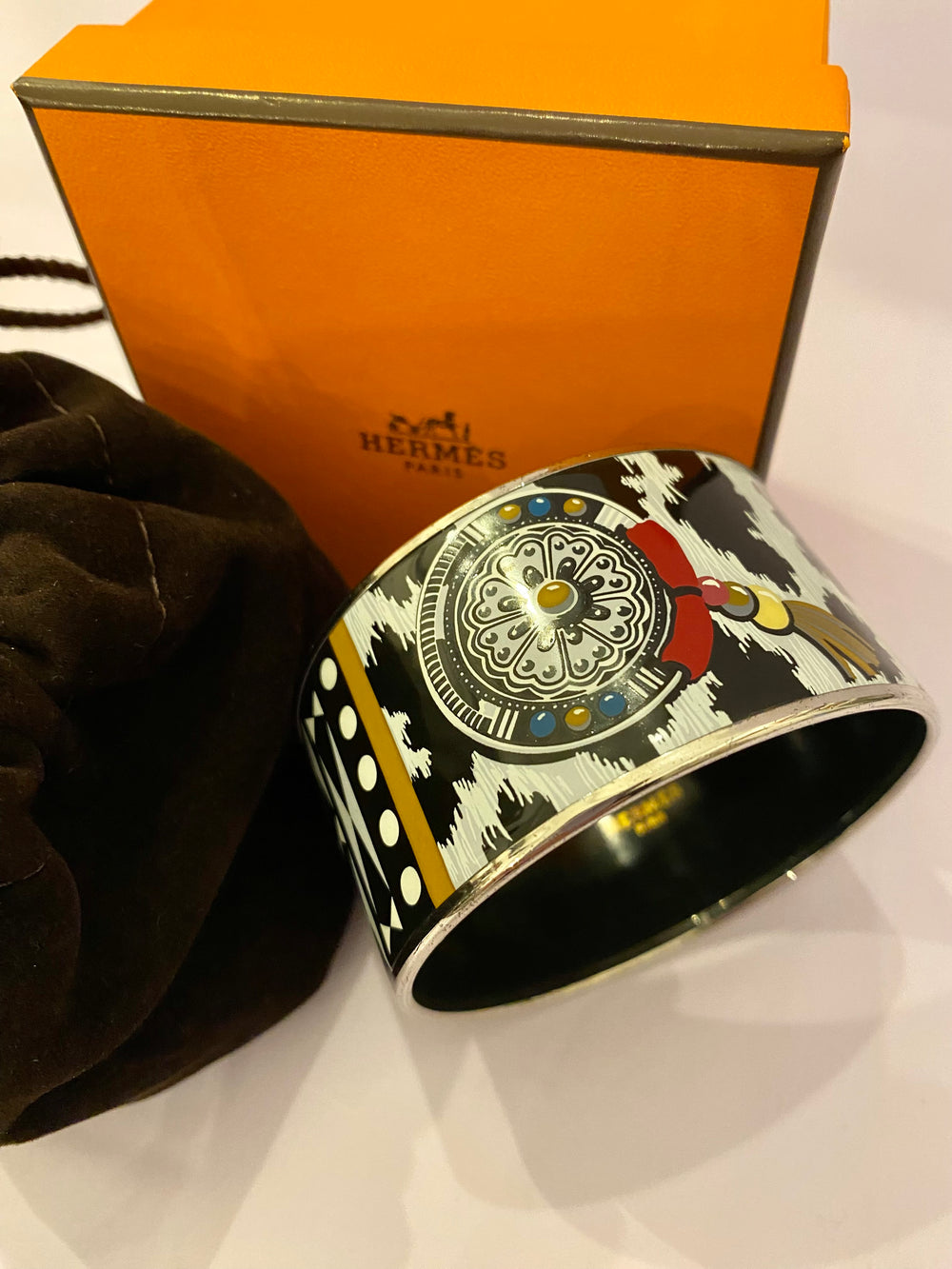 Pre Loved Hermes Palladium & Enamel Wide Bangle Leopard & Multi Design  (excellent)