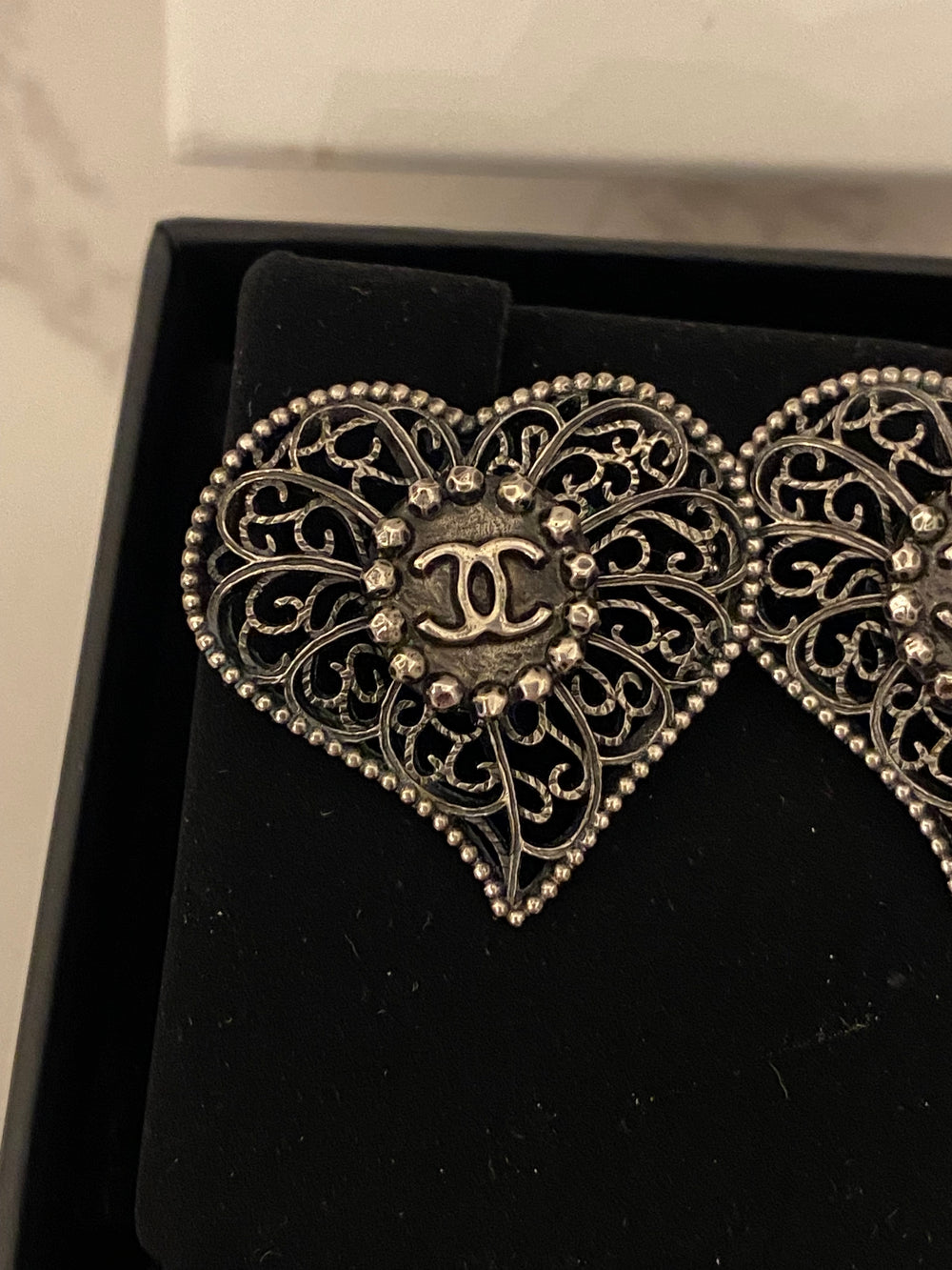 Pre Loved Chanel Vintage Ruthenium Heart Shaped CC Logo Earrings