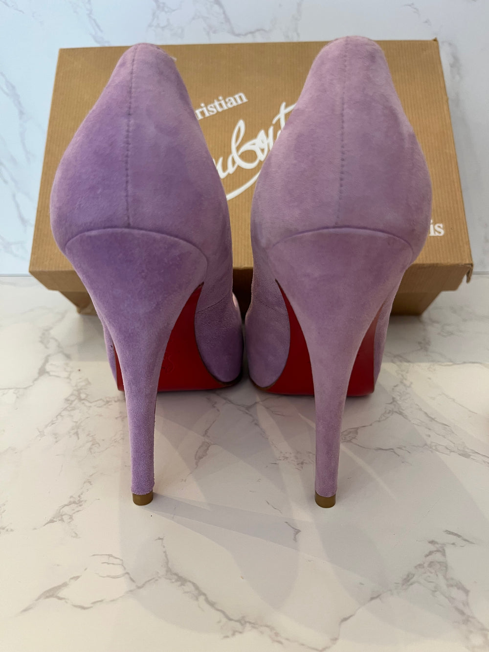 Pre Loved Christian Louboutin Very Prive 120 Lilac Suede Heels UK 3