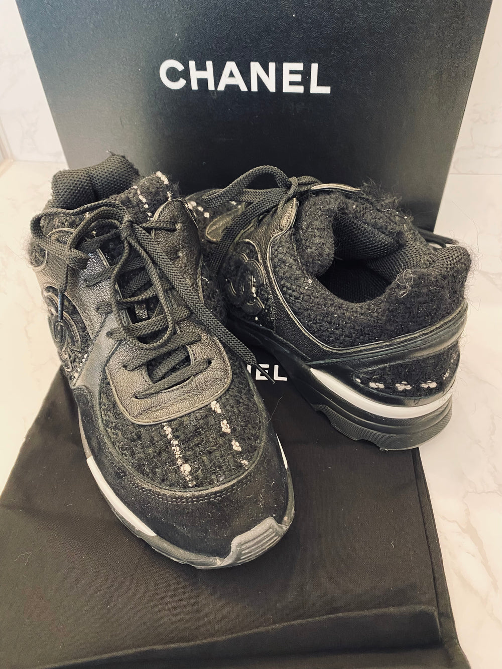 Pre Loved Chanel Black Tweed Suede Goatskin CC Sneakers Size UK 5.5