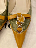 Pre Loved Vintage Christian Dior Tan & Green Kitten Heels uk 4