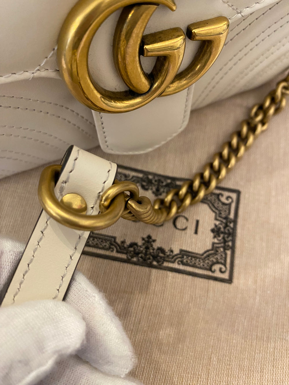 Pre Loved Gucci Marmont Small Top Handle Handbag in White (Cream) pristine as new