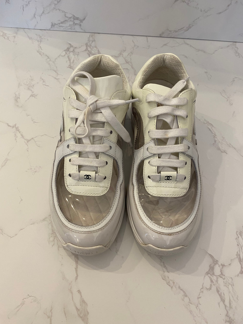 Pre Loved Chanel Off White Patent Leather Trainers UK3.5
