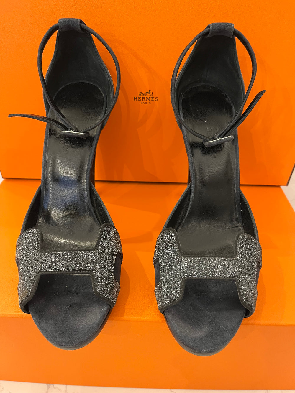 Pre Loved Hermes Premiere Sandals in Navy Glitter & Suede size 5.5 (new)