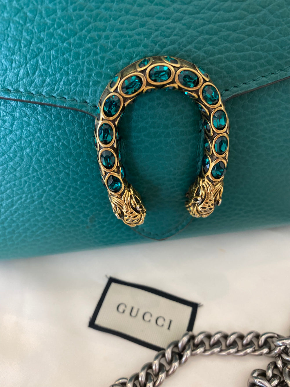 Pre Loved Gucci Dionysus Wallet on a Chain in Emerald Green - Excellent