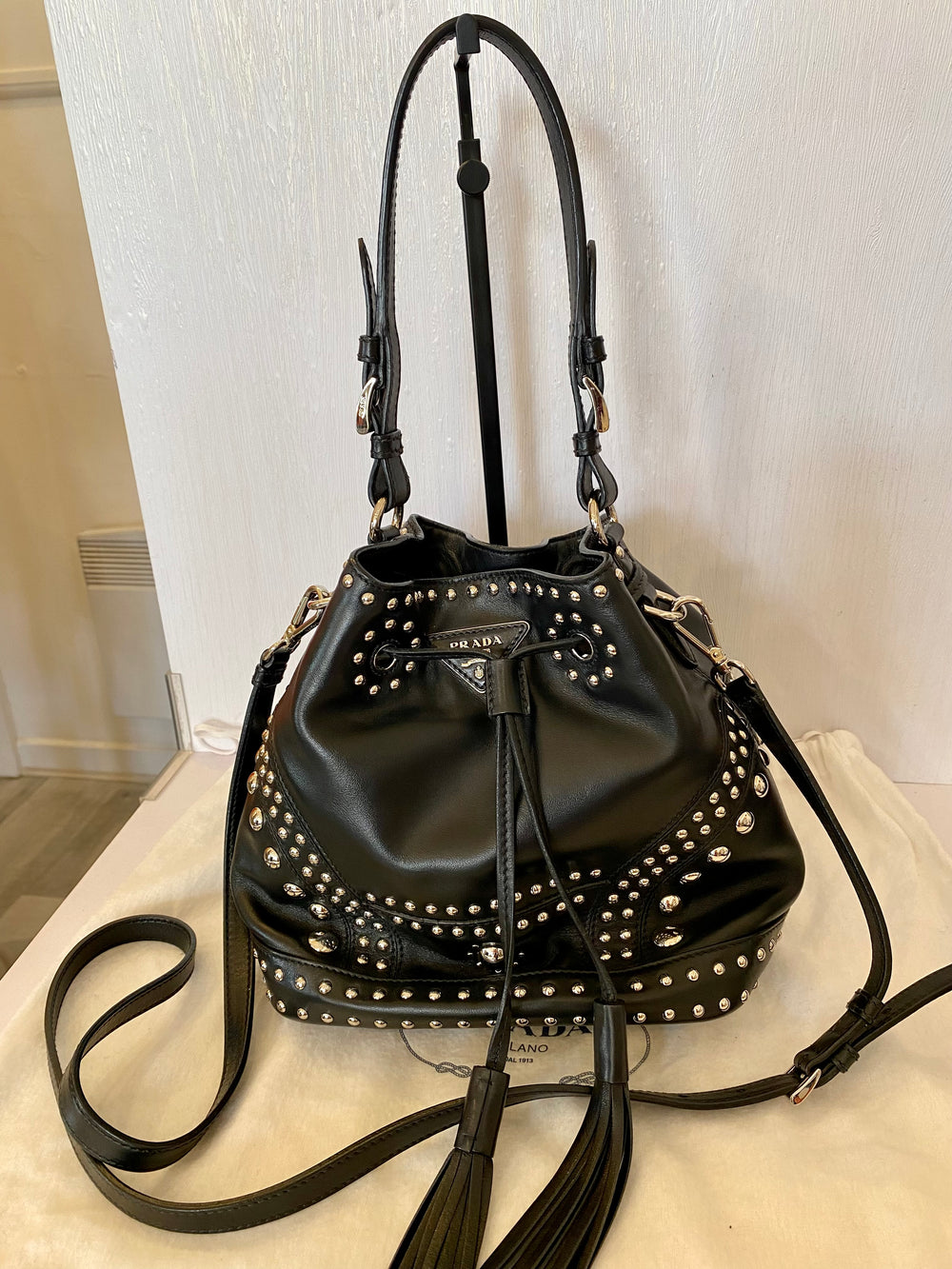 Pre loved Prada Black Leather Studded Bucket Bag excellent