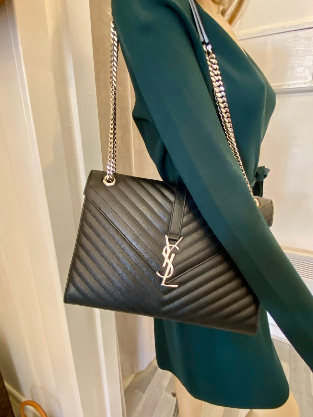 Pre Loved Yves Saint Laurent Black Leather Chevron Envelope Bag - Excellent