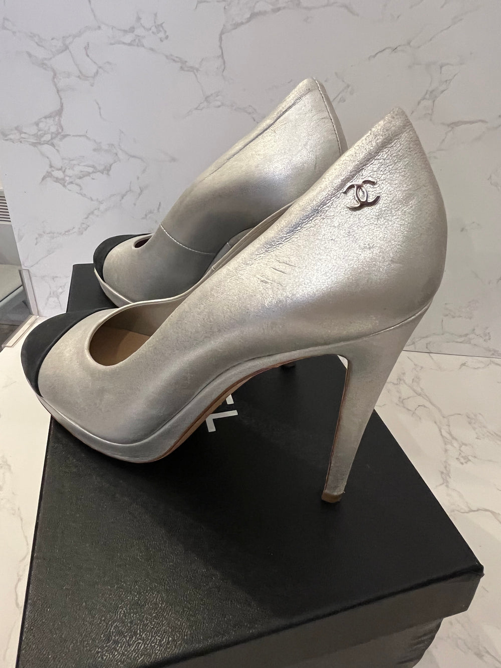 Pre Loved Chanel Silver Leather Platform Heels with Black Toe Detail Size UK 5.5