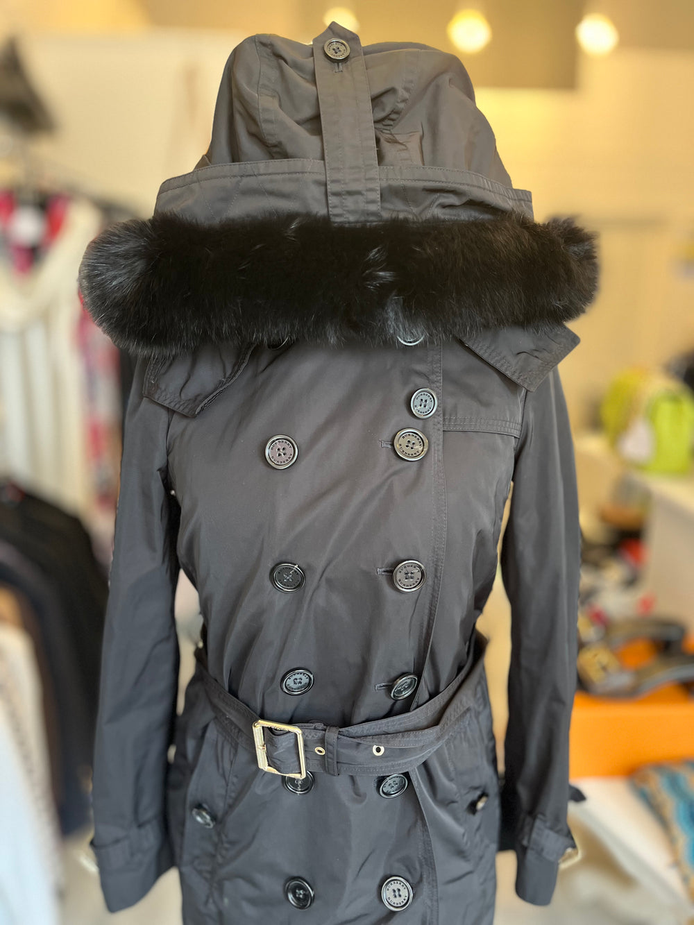 Pre Loved Burberry Black Trench Coat, Fox Fur Trim, Detachable Padded Gilet UK10 (excellent)