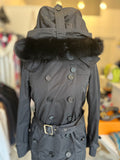 Pre Loved Burberry Black Trench Coat, Fox Fur Trim, Detachable Padded Gilet UK10 (excellent)