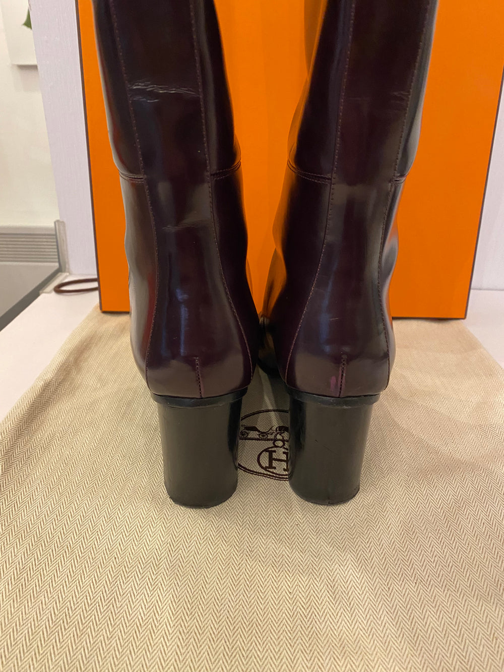 Pre Loved Hermes Purple/ Oxblood Classic Leather Knee high Boots Size uk5.5