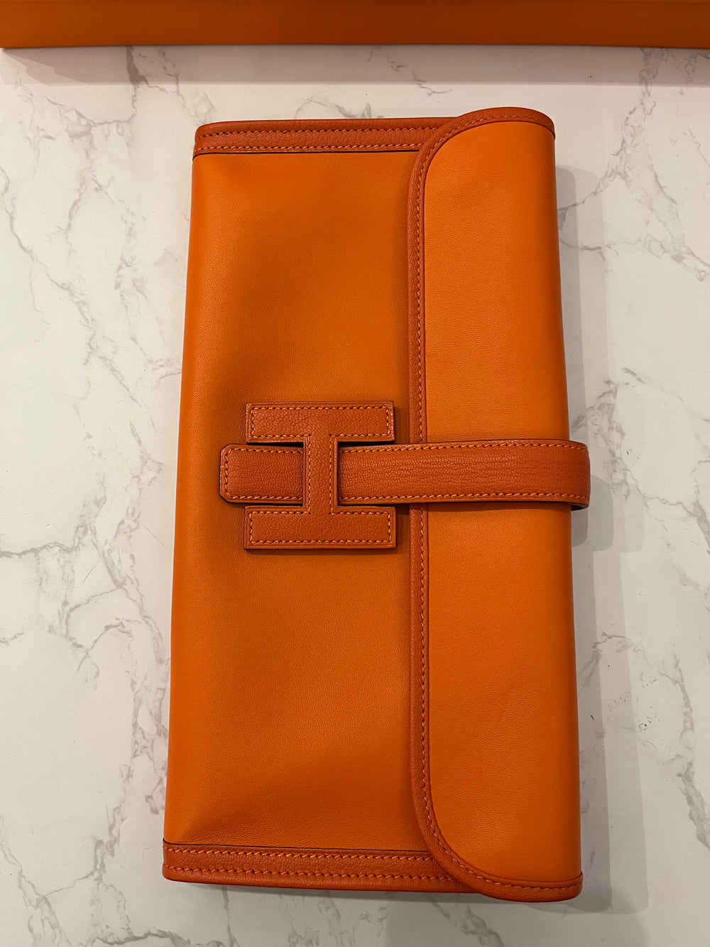 Pre Loved  Hermes Jige Elan 29 Clutch in Orange Swift Leather (excellent)