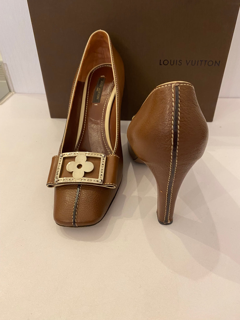 Pre Loved Louis Vuitton Flower Motif Brown Leather Heels UK 6