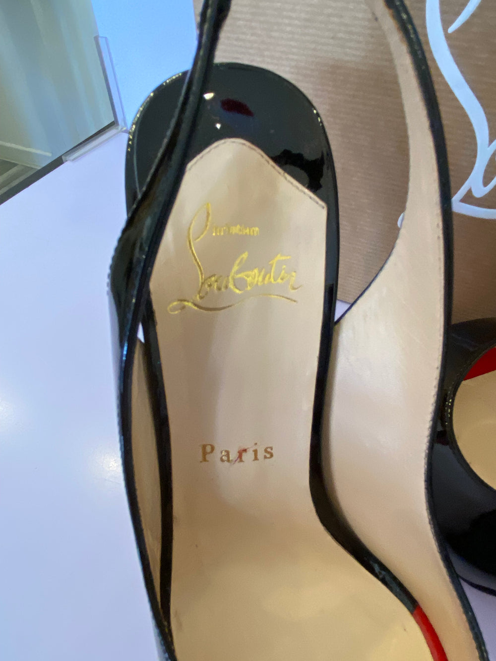 Pre Loved Christian Louboutin Flo Sling 120 Black Patent UK4