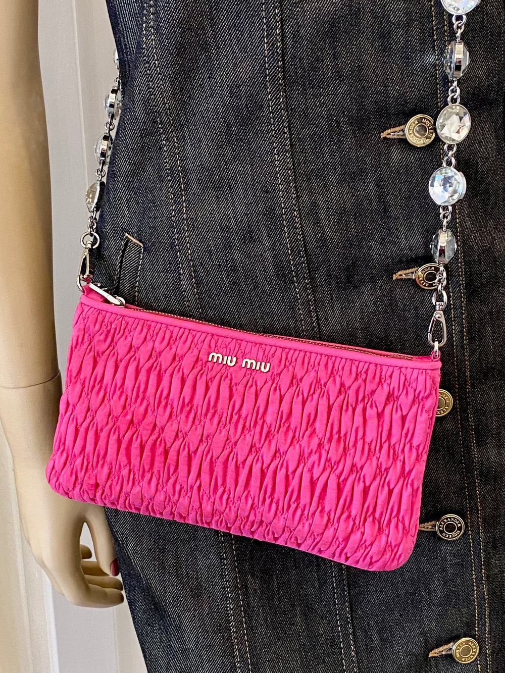 Pre Loved Miu Miu Pink Cotton Crystal Shoulder /Clutch Bag