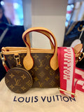 Pre Loved Louis Vuitton Neverfull BB with coin purse and wide pink textile strap (excellent)