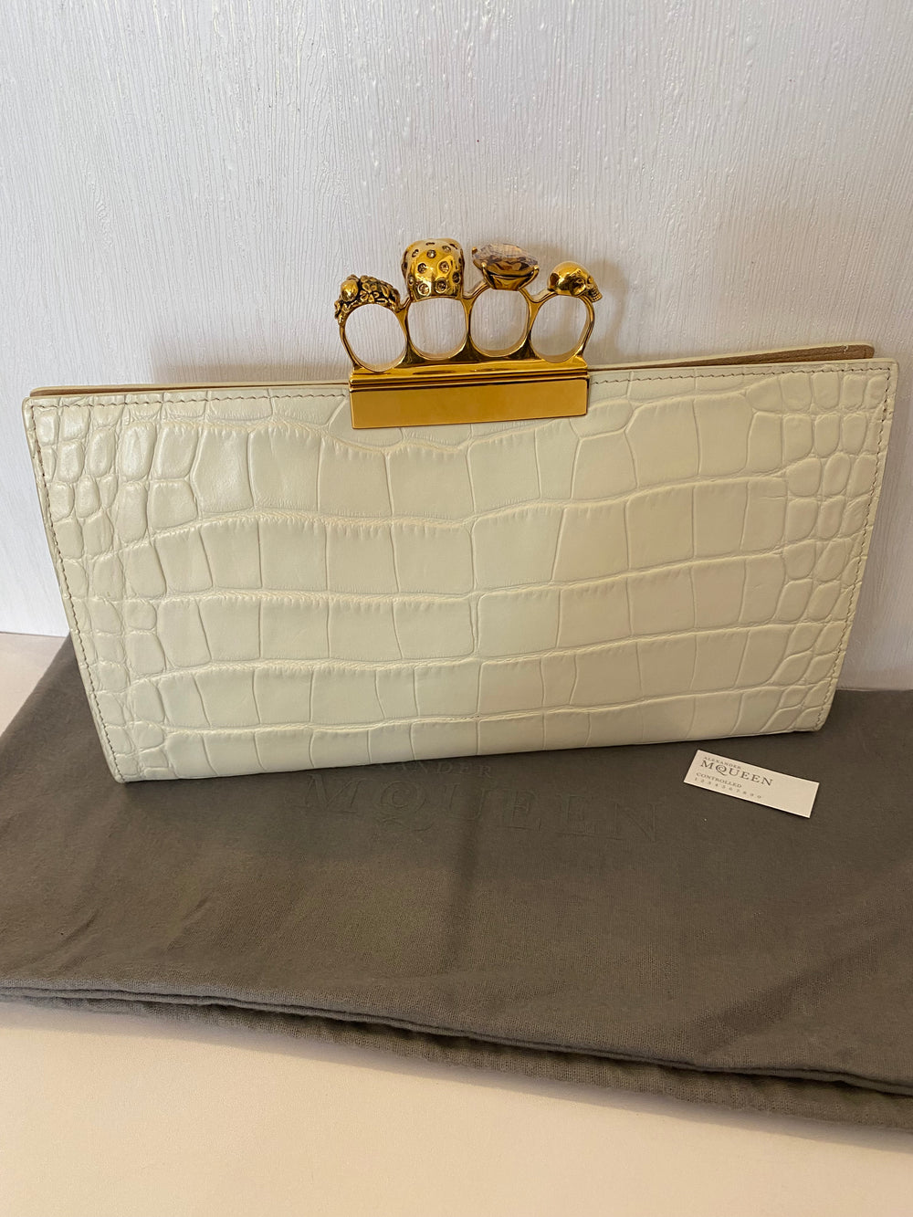 Pre Loved Alexander McQueen Jewelled Embossed Clutch in Cream (excellent )