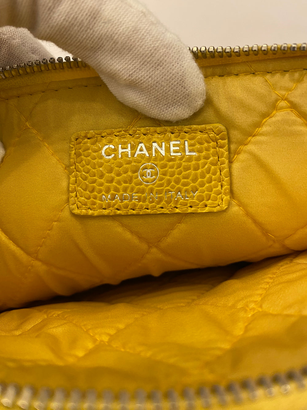 Pre Loved Chanel Yellow Quilted Caviar O-Case Classic Zip Pouch (excellent)