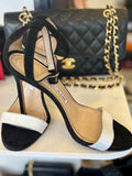 Pre Loved Manolo Blahnik black suede sandals with white bar - UK 5